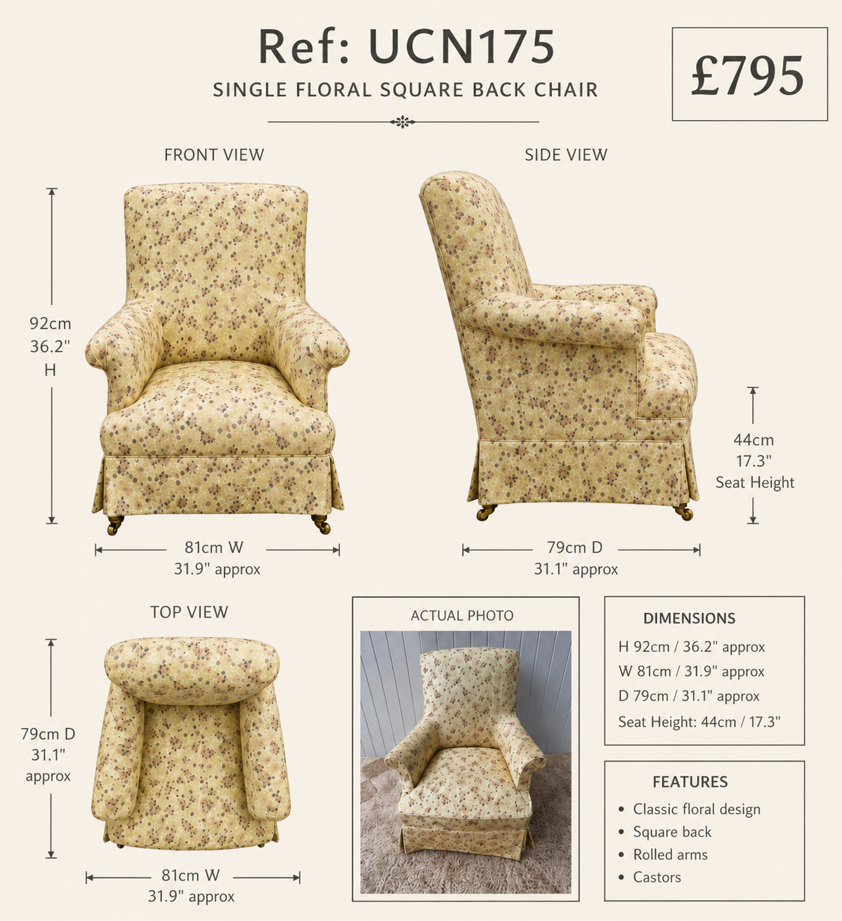 Single Floral Square Back — specification