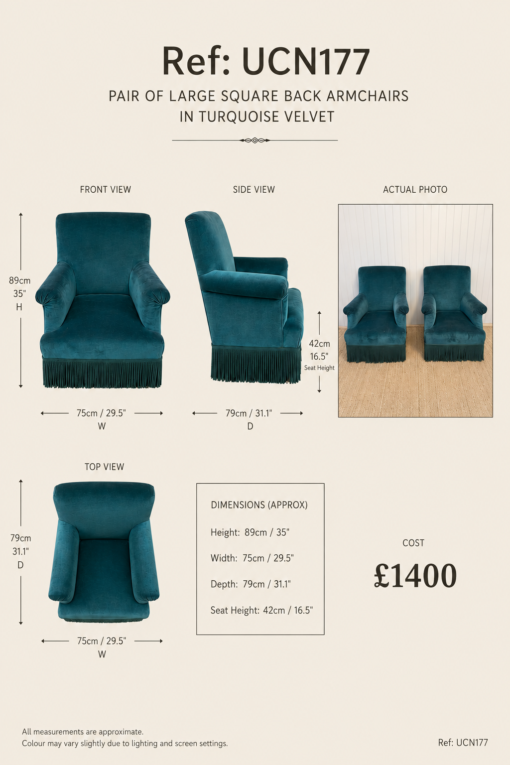 Pair of Large Square Back Armchairs in Turquoise Velvet — specification
