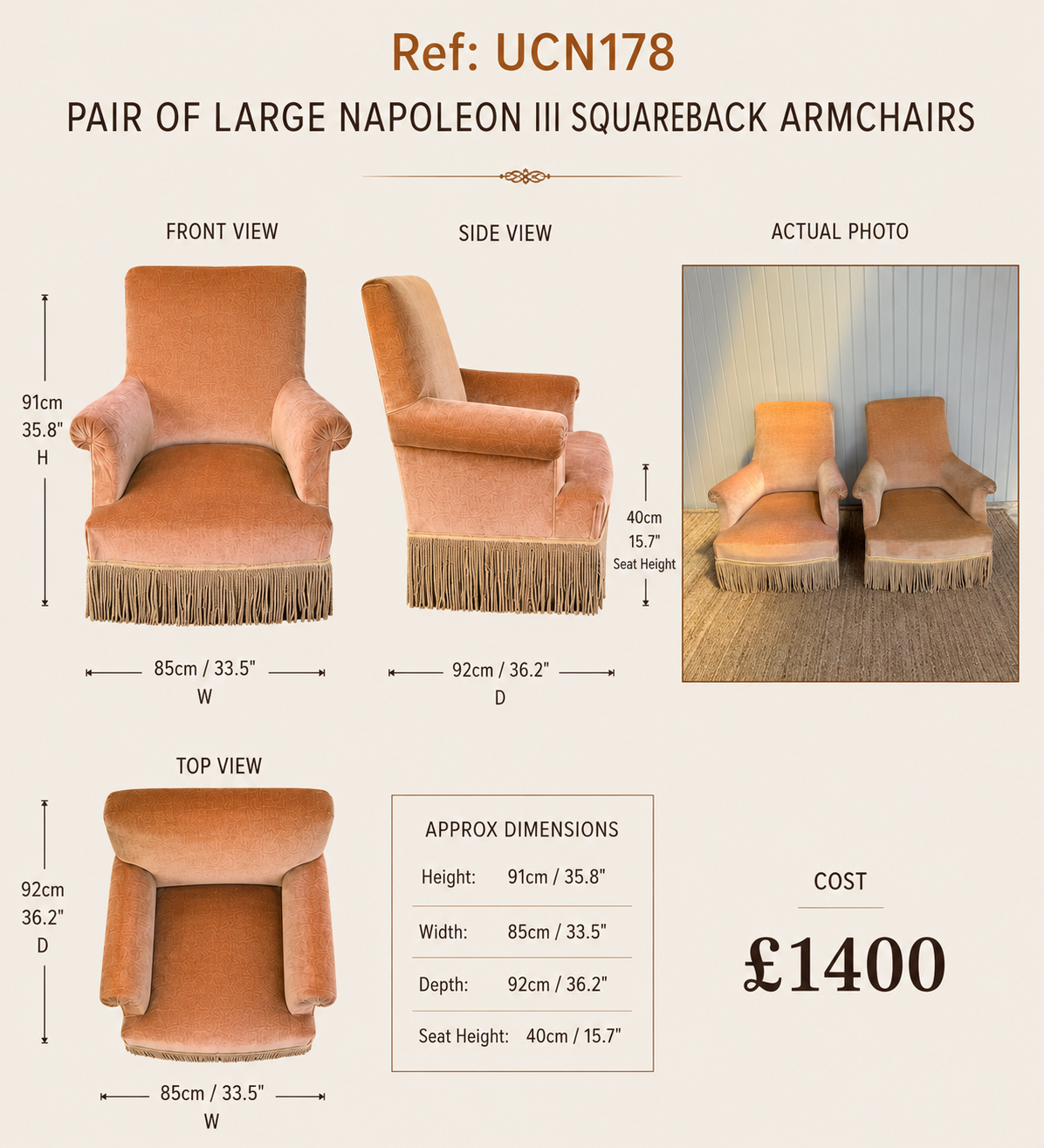 Pair of Large Napoleon III Squareback Armchairs — specification