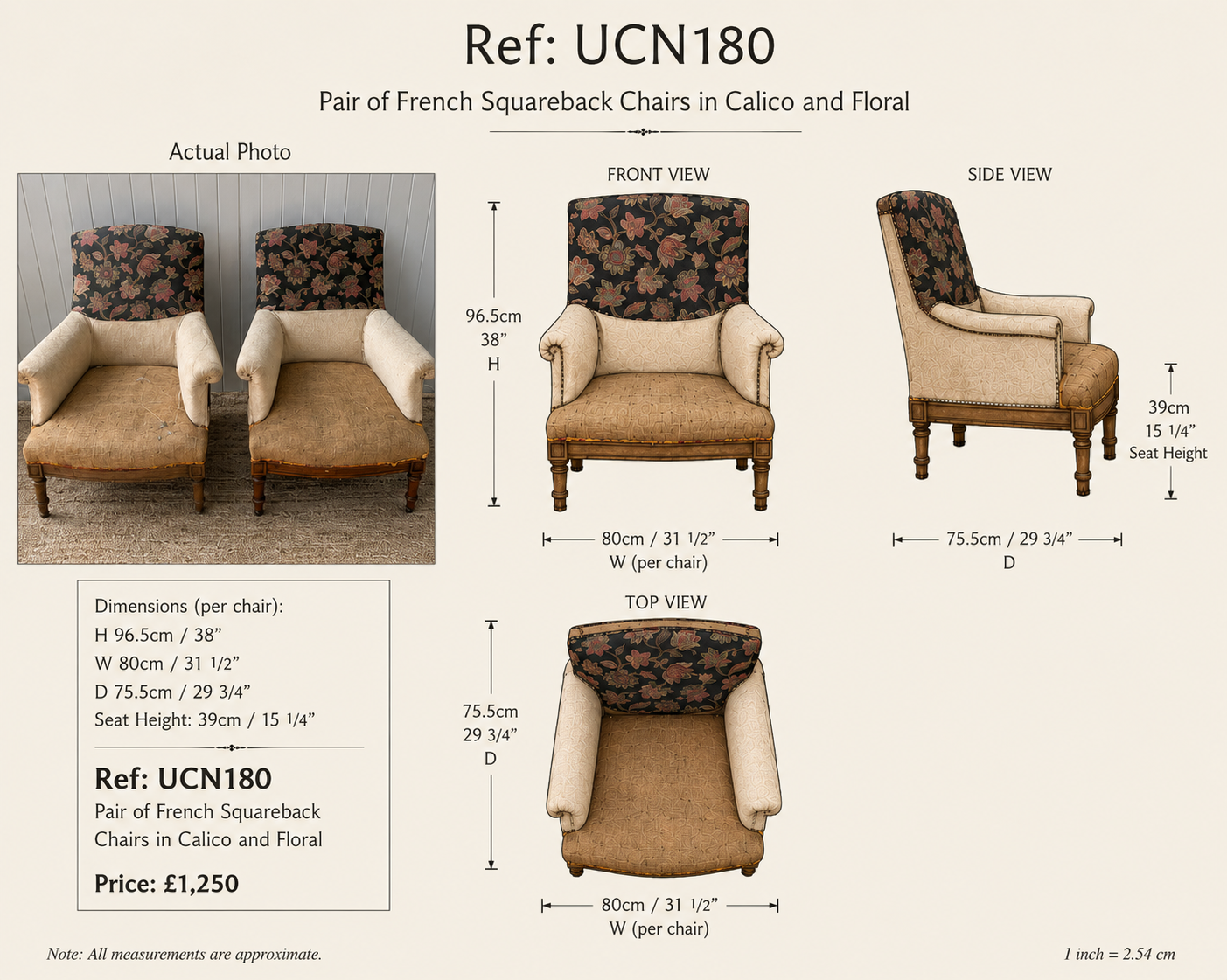 Pair of French Squareback Armchairs in Calico and Floral — specification