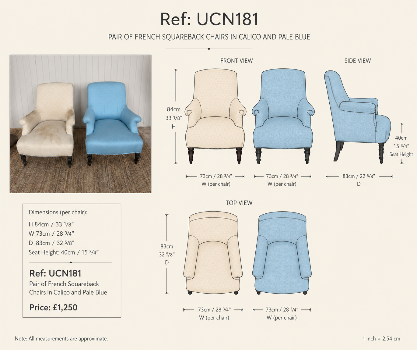 Pair of French Squareback Armchairs in Calico & Blue — specification