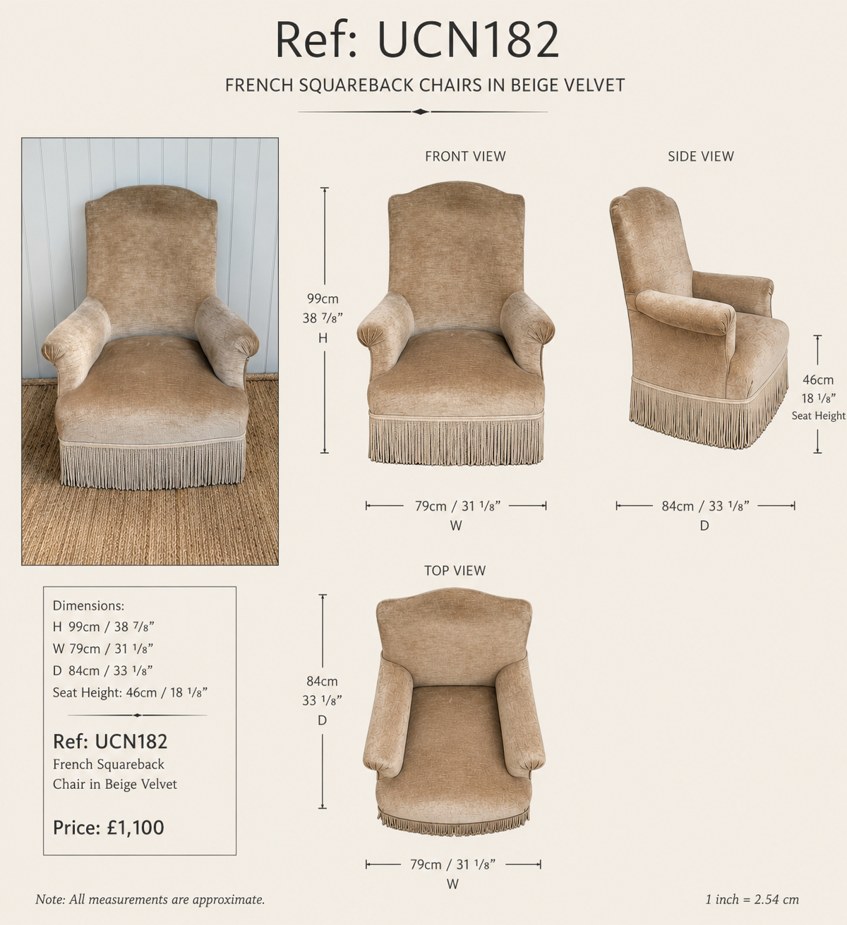 French Squareback Armchair in Beige Velvet — specification