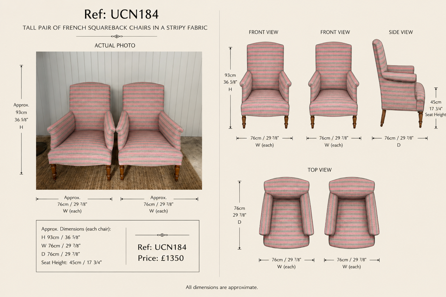 Tall Pair of French Squareback Chairs in a stripy fabric — specification