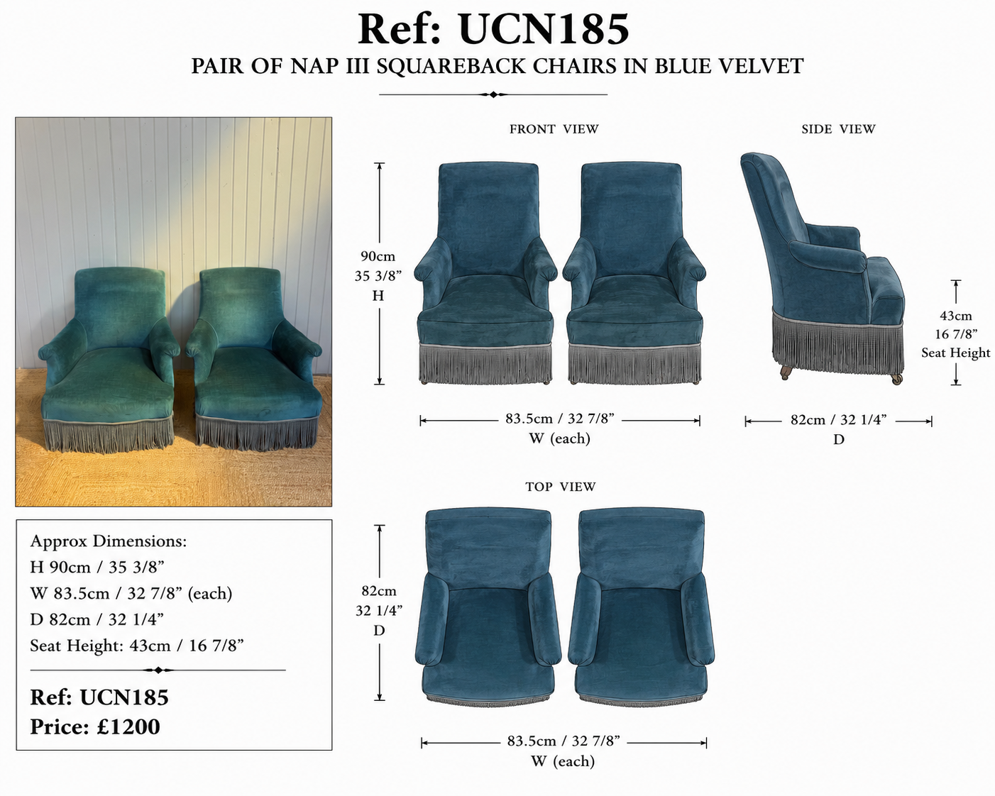 Pair of Nap III Squareback Chairs in Blue Velvet — specification