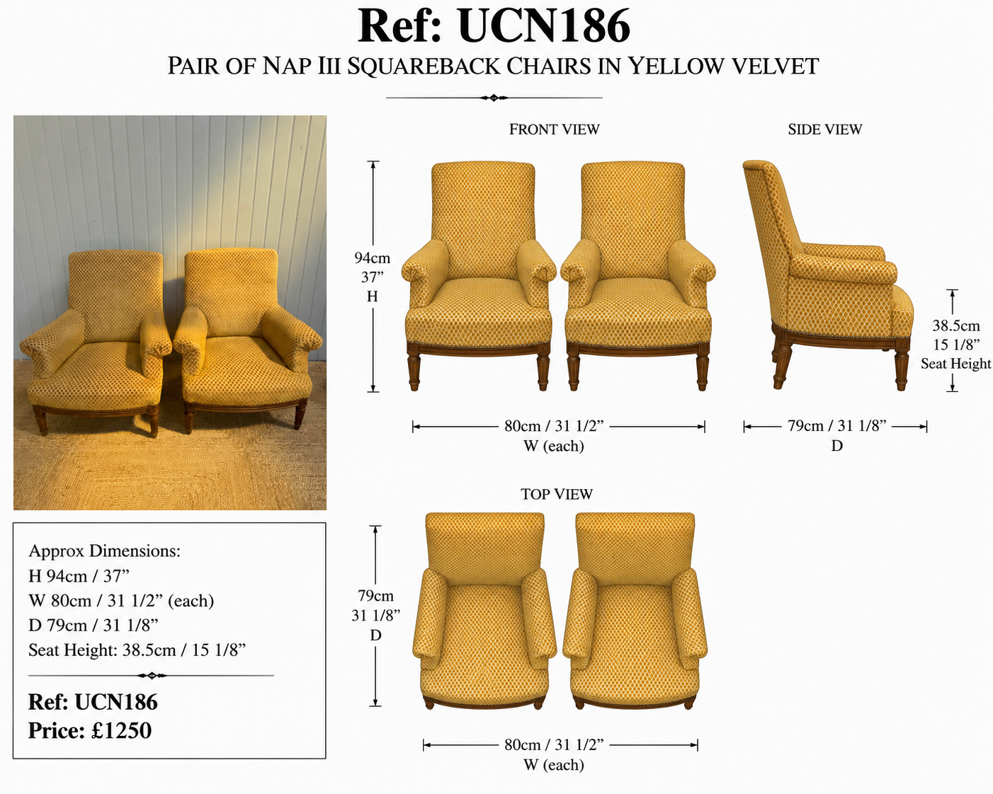 Pair of Nap II Squareback Armchairs in Yellow Velvet — specification