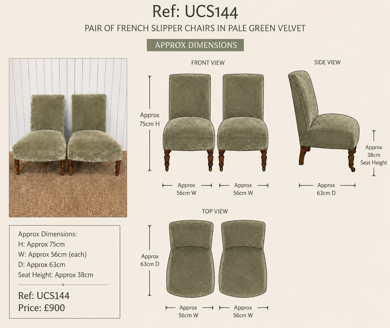 French Slipper Chair in Pale Green Velvet