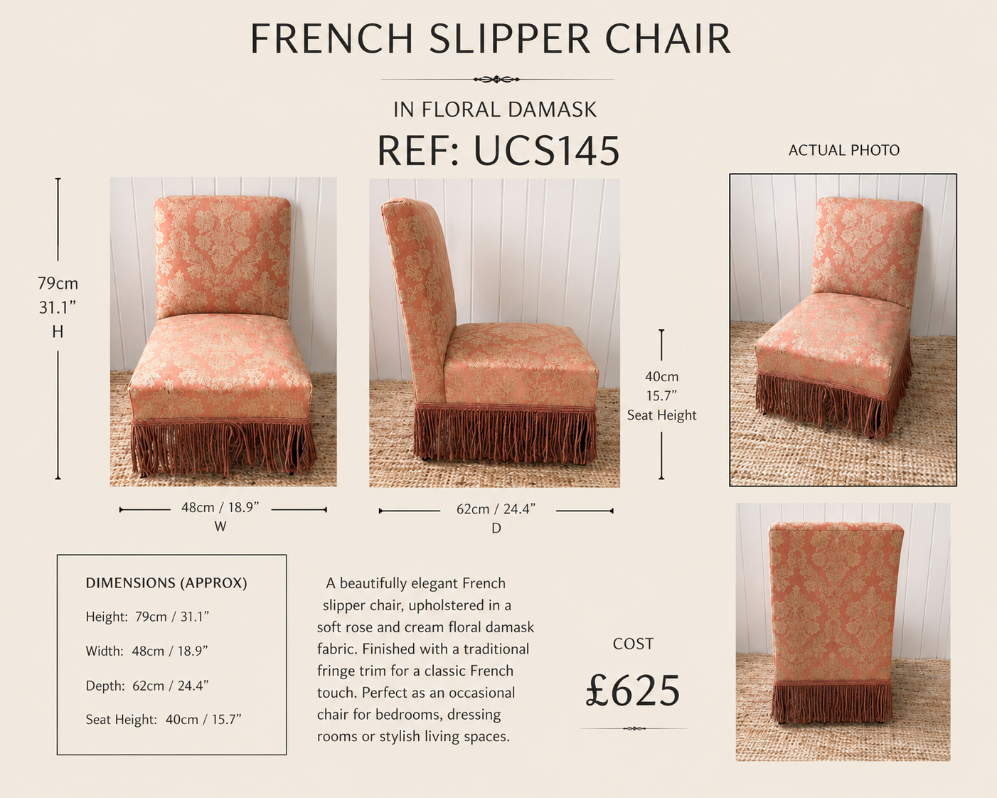 French Slipper Chair in Pink Damask — specification
