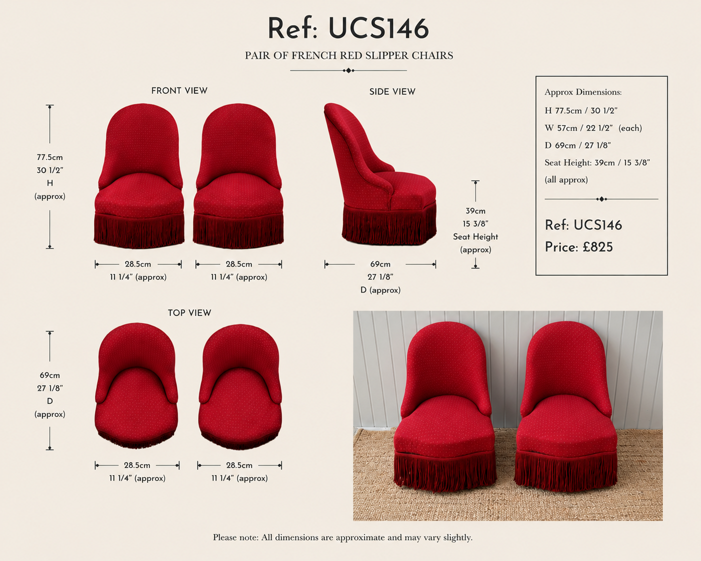 Pair of French Red Slipper Chairs with Tassels — specification