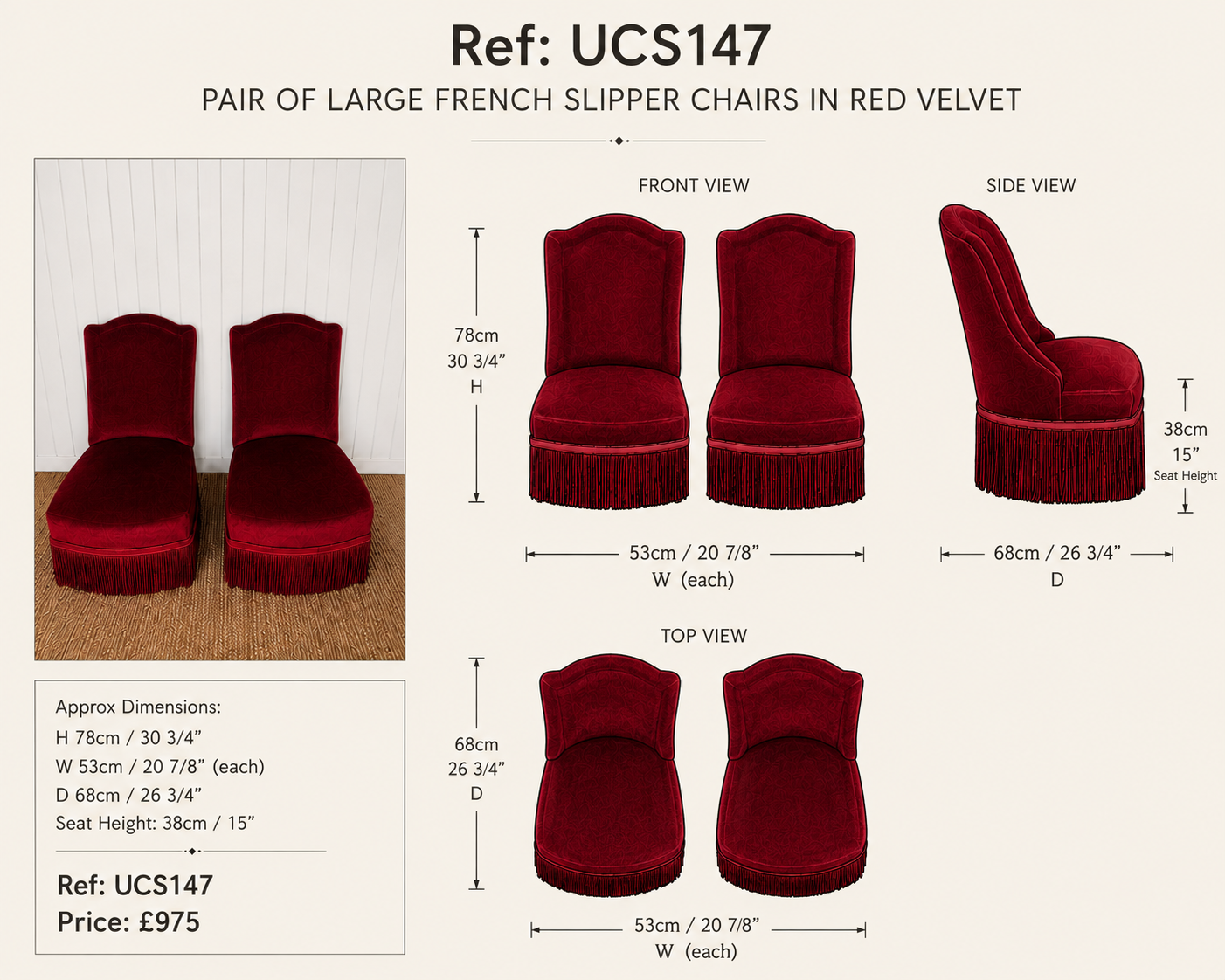 Pair of Large French Slipper Chairs in Red Velvet — specification