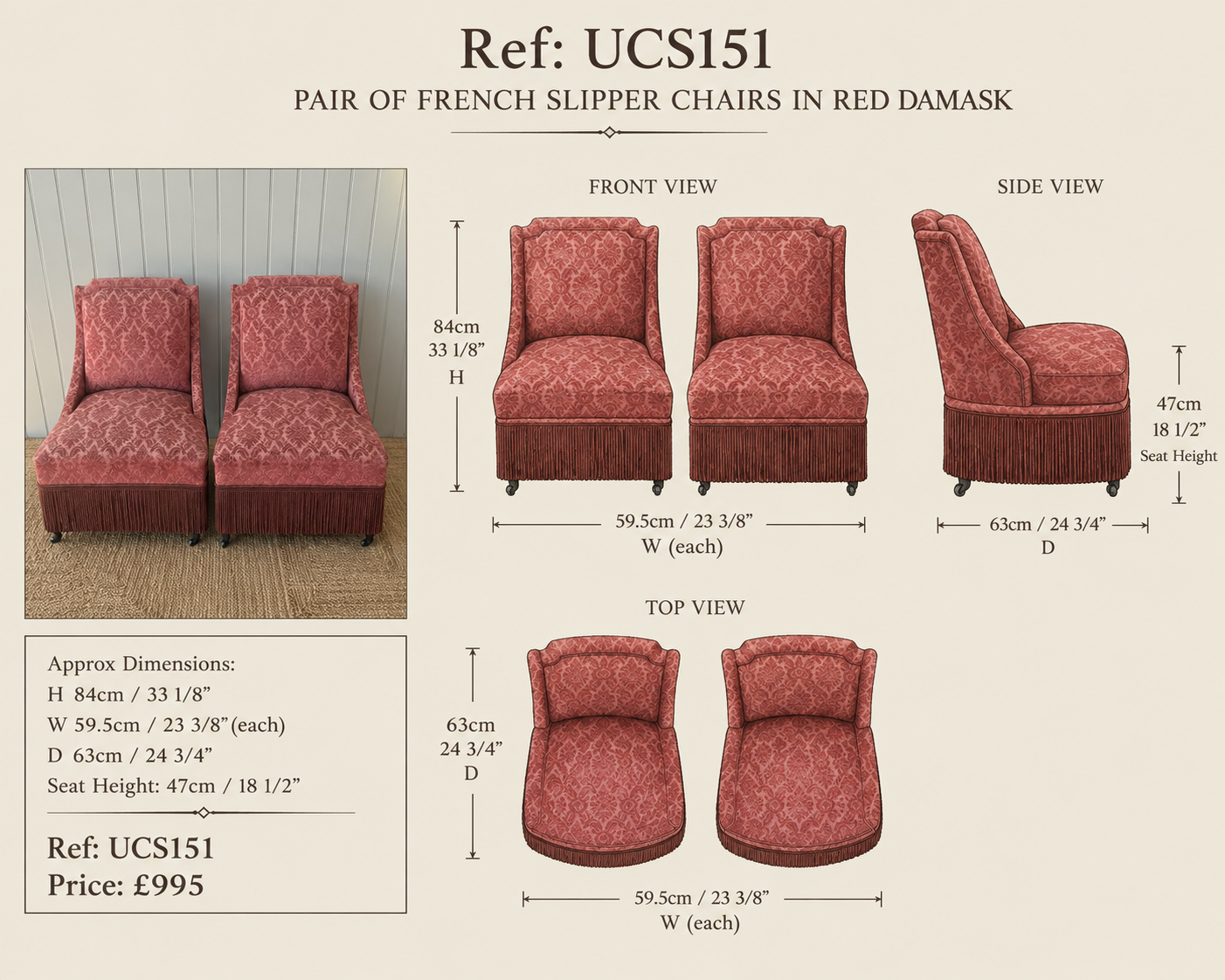Pair of French Slipper Chairs in red/pink damask — specification