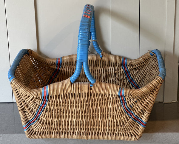Vintage Wicker Basket with Blue and Red Accents