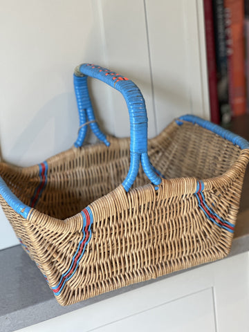 Vintage Wicker Basket with Blue and Red Accents