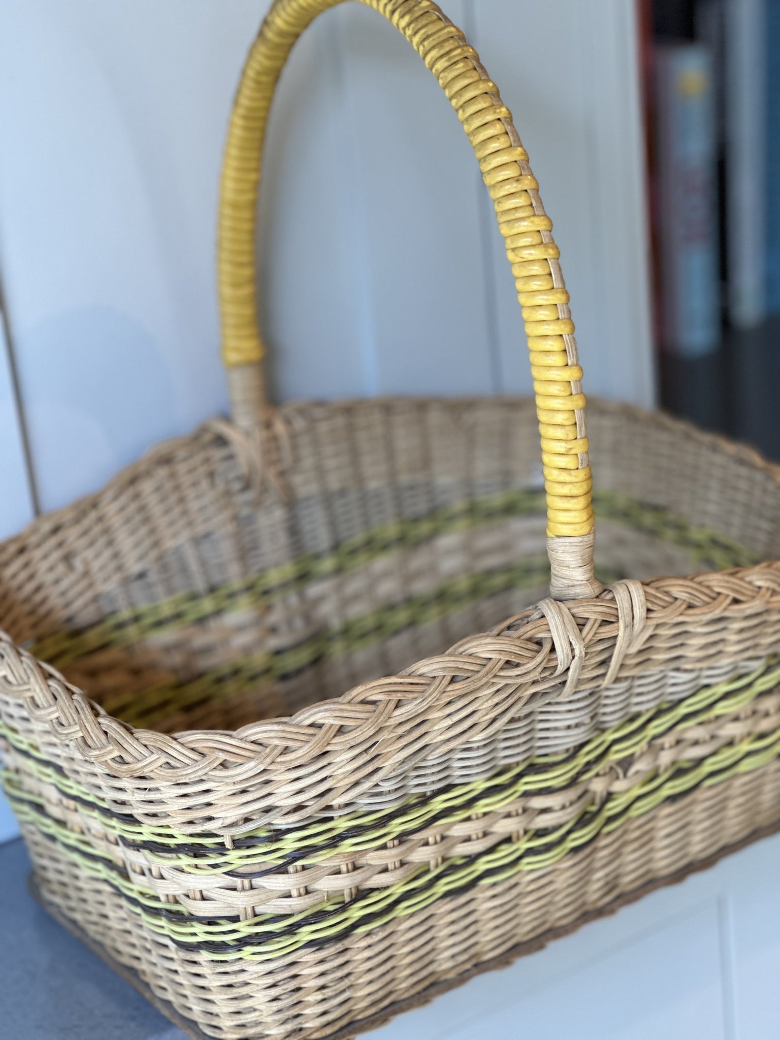 Vintage Wicker Basket with Yellow and Brown accents