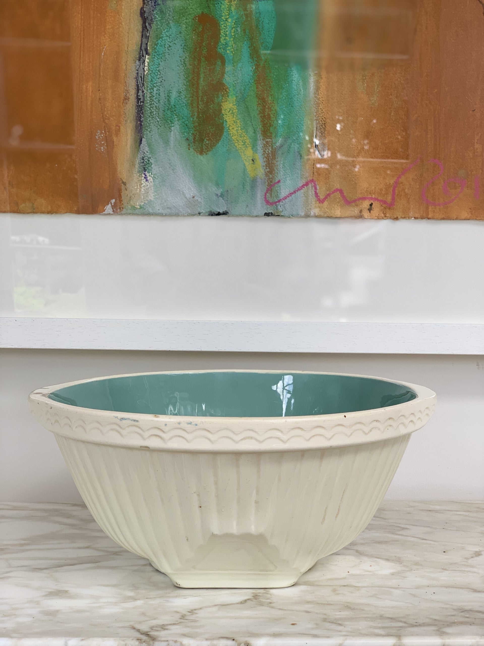 Vintage White Mixing Bowl with Duck Egg Blue interior