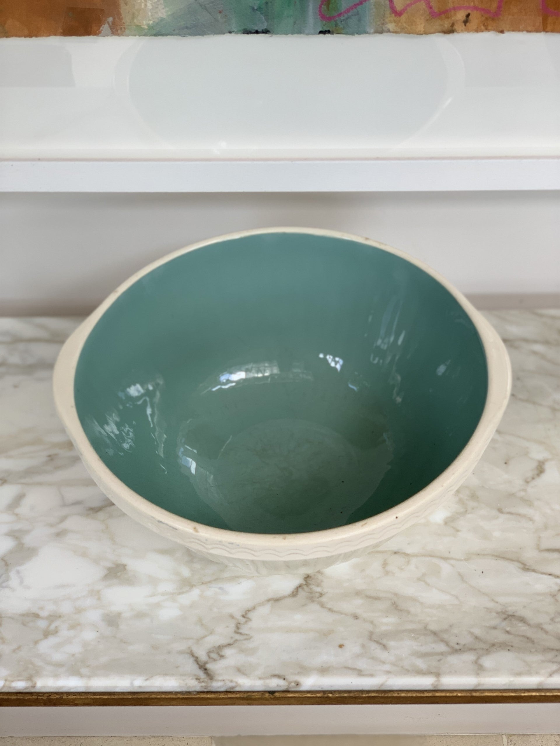 Vintage White Mixing Bowl with Duck Egg Blue interior