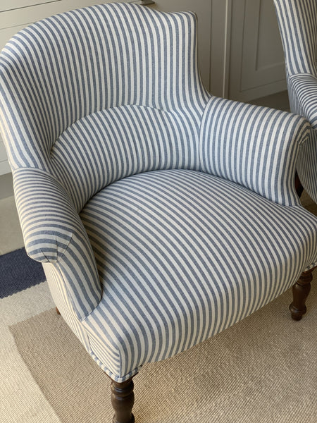 Pair of French Chapeau de Gendarme Chairs in Blue and White Stripe
