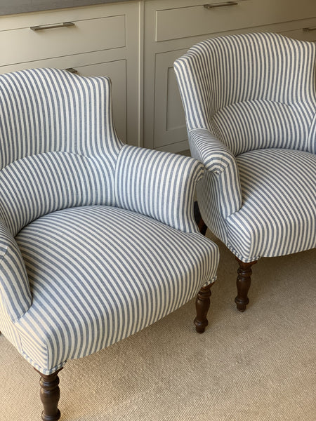 Pair of French Chapeau de Gendarme Chairs in Blue and White Stripe
