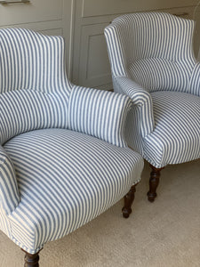 RESERVED Pair of French Chapeau de Gendarme Chairs in Blue and White Stripe
