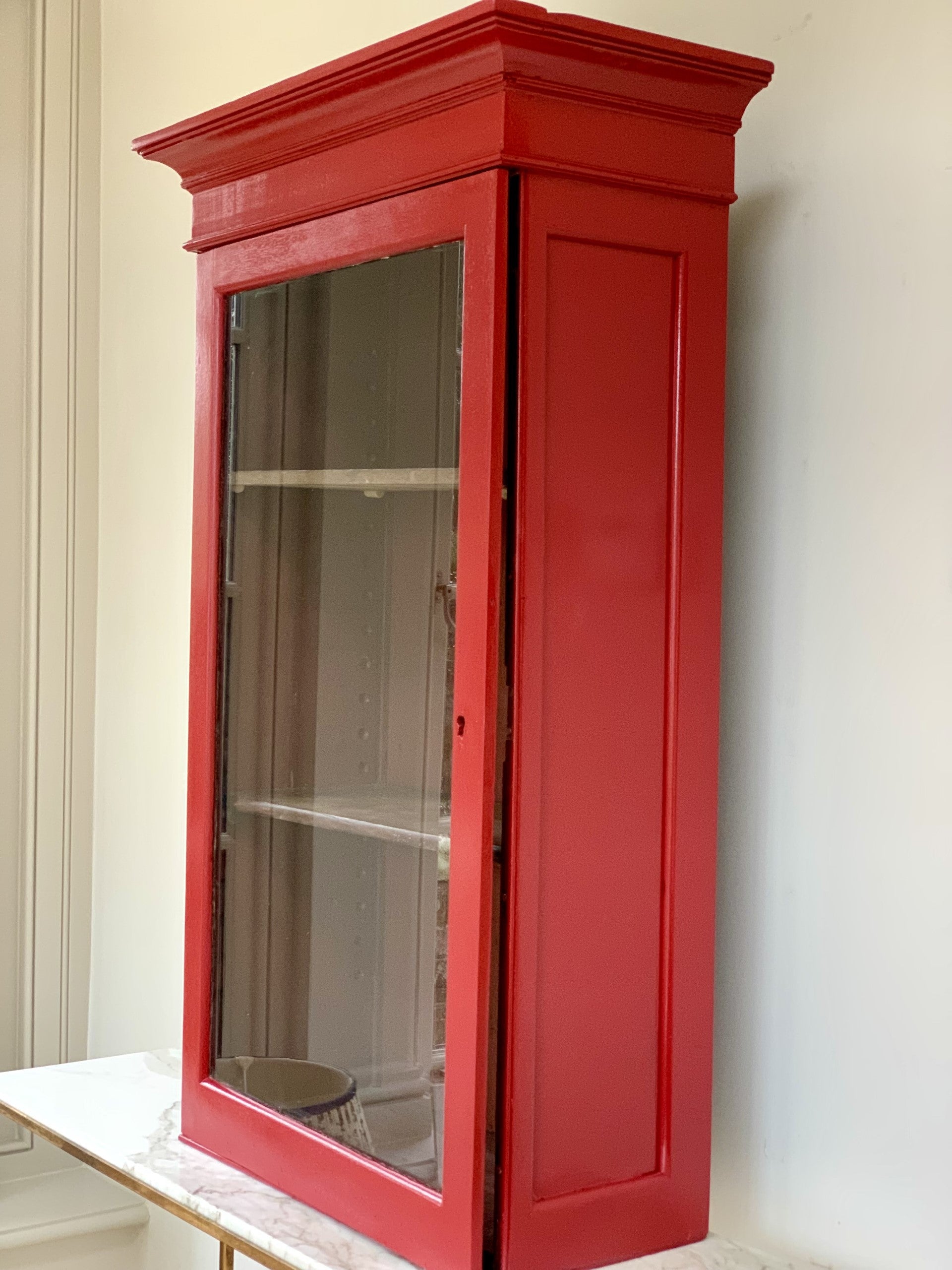 Tall Mahogany Glazed Wall Cabinet Painted in Ferrari Red