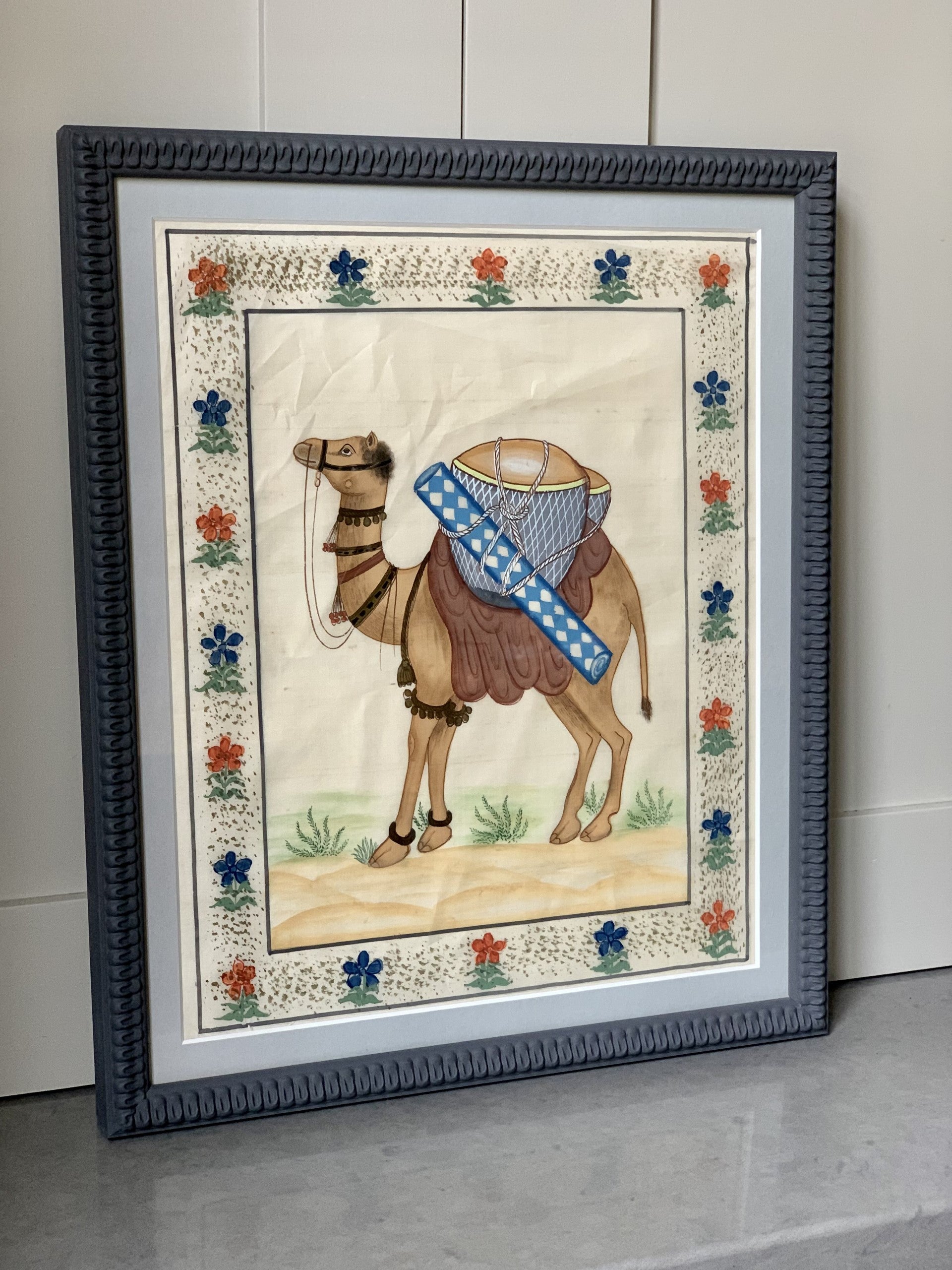 Framed Silk Picture of a Camel.