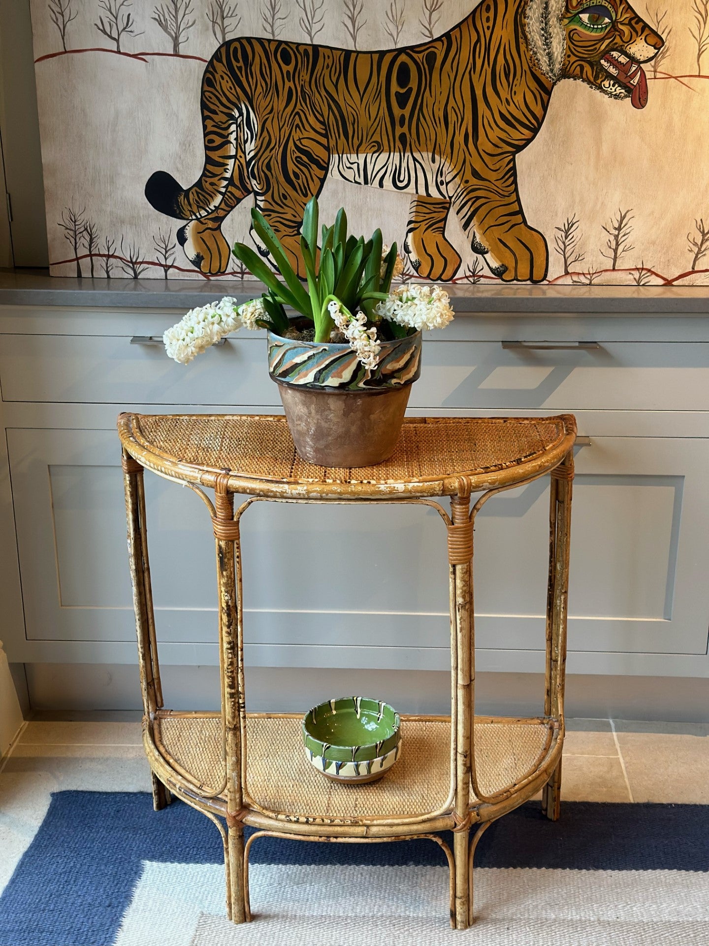 Cane Demi Lune Table with a shelf