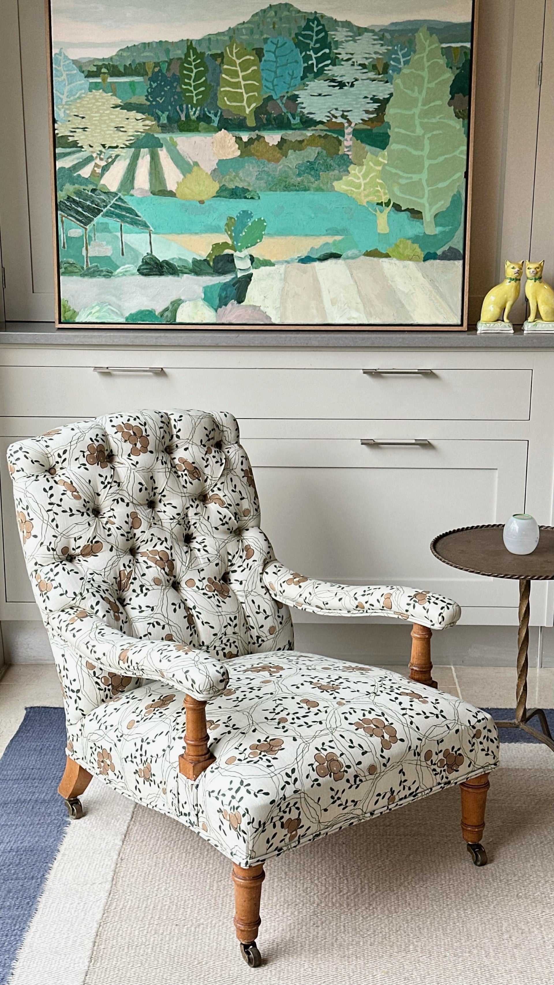 Gorgeous Country House Open Chair on Castors in Rosa Bernal Sevilla Piedre Verde