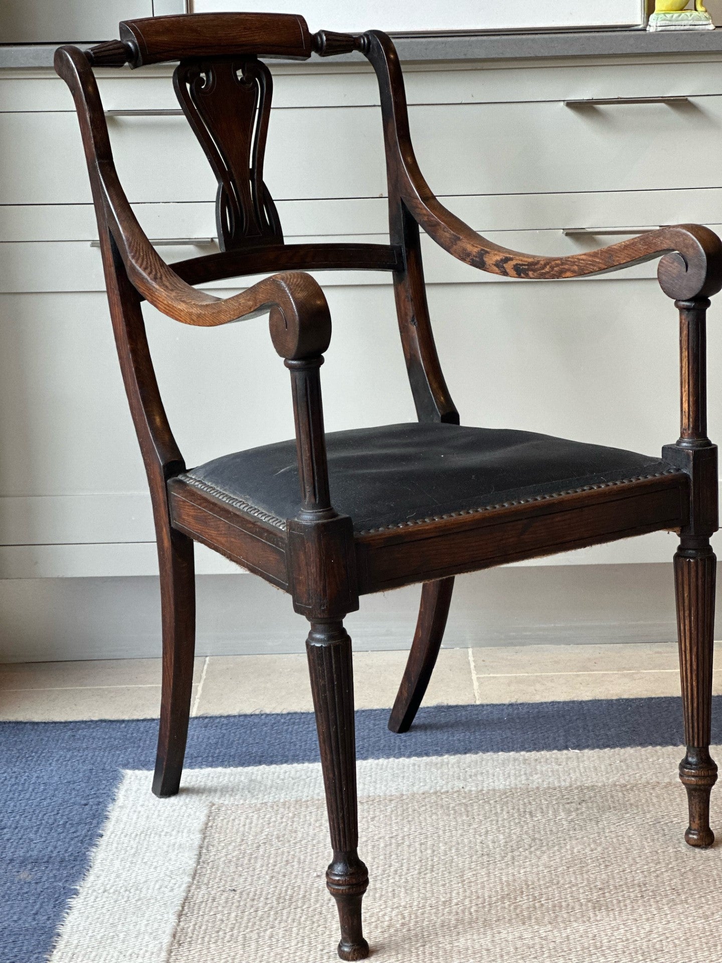 Dark Ebonised Regency Armchair with Leather Seat