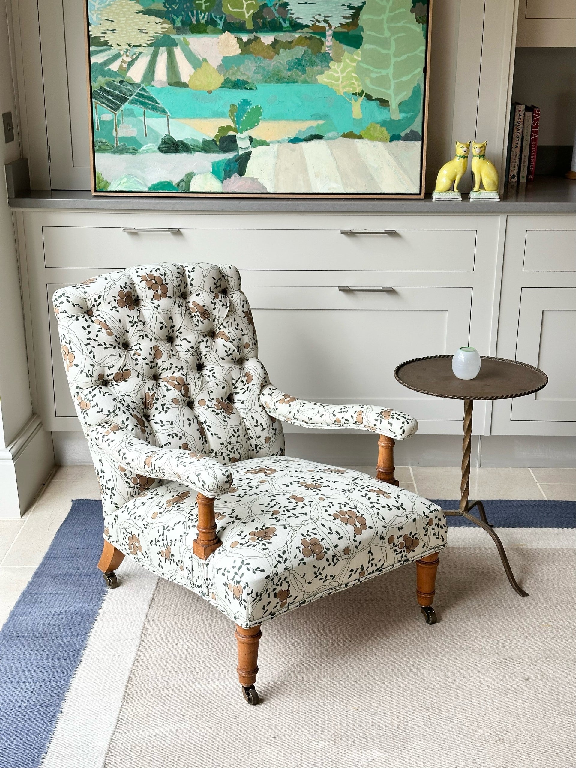 Gorgeous Country House Open Chair on Castors in Rosa Bernal Sevilla Piedre Verde