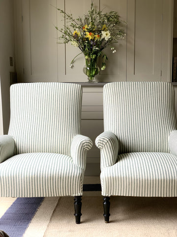 Pair of Nap III Square Back Chairs in Green and White Ticking