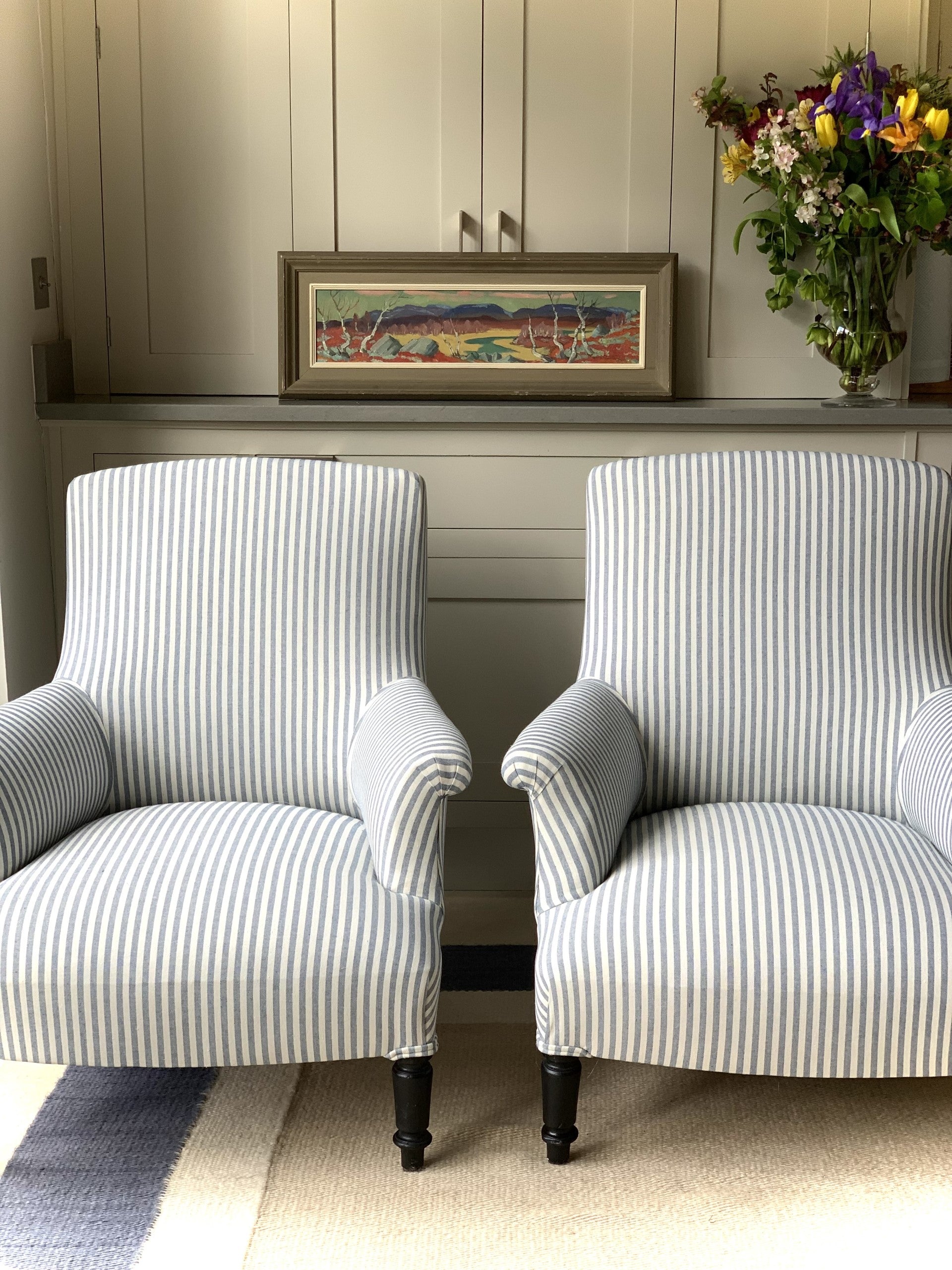 Pair of Nap III Square Back Chairs in Blue and White Ticking