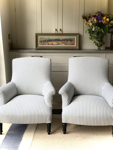 Pair of Nap III Square Back Chairs in Blue and White Ticking