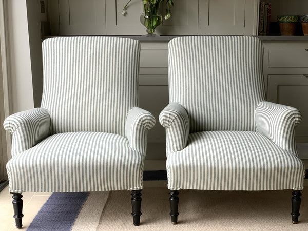 Pair of Nap III Square Back Chairs in Green and White Ticking