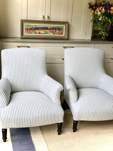 Pair of Nap III Square Back Chairs in Blue and White Ticking
