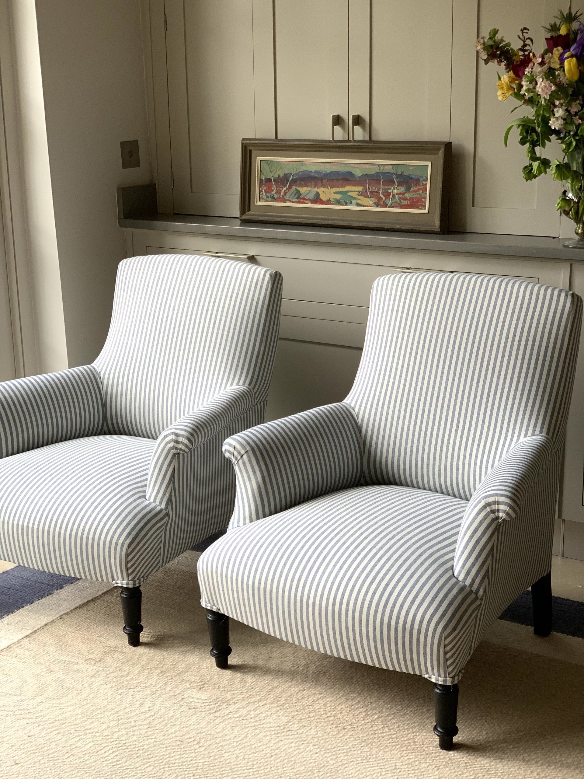 Pair of Nap III Square Back Chairs in Blue and White Ticking