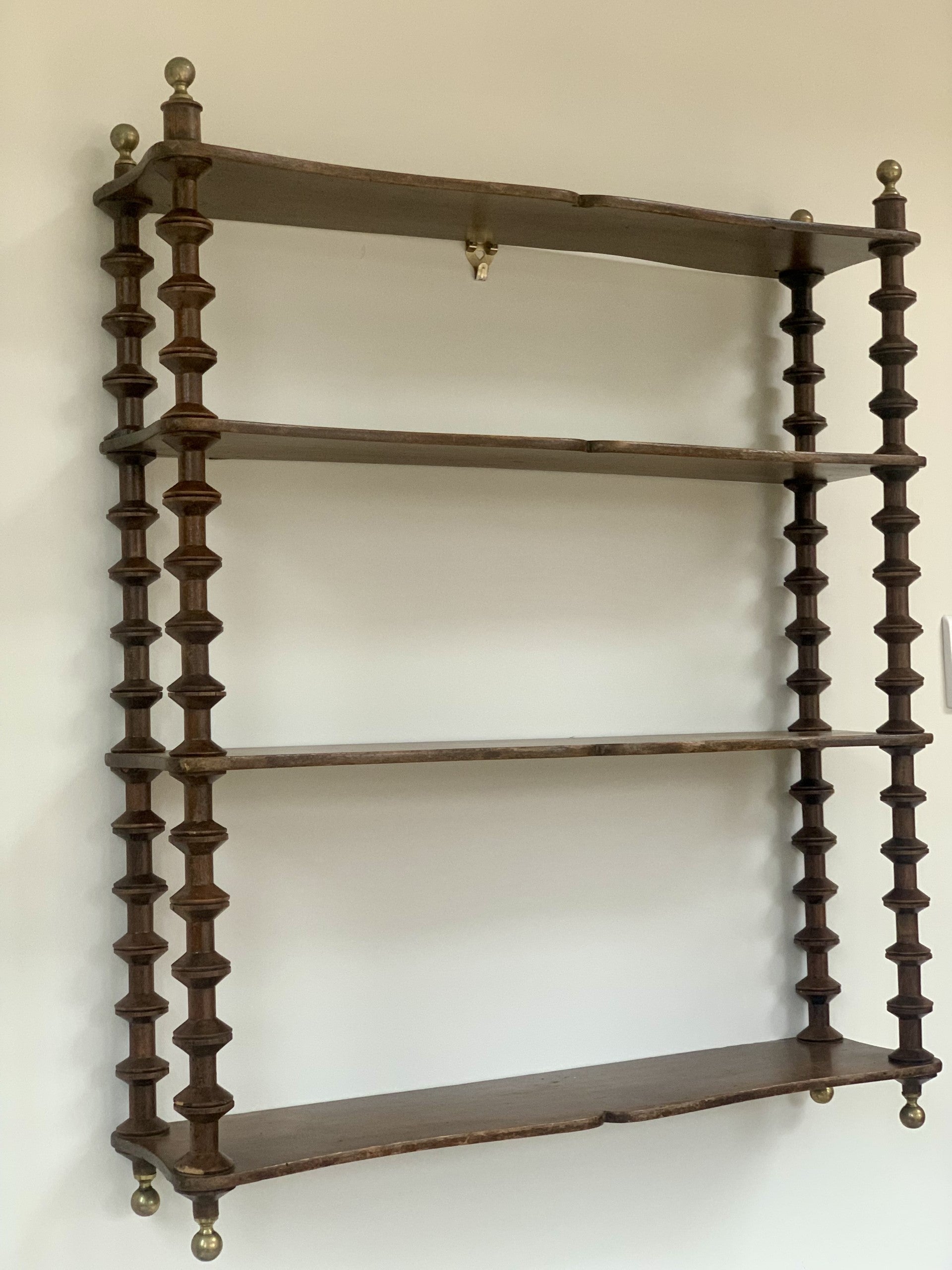 Large French Cotton Reel Wall Shelf with Lovely Brass Finials