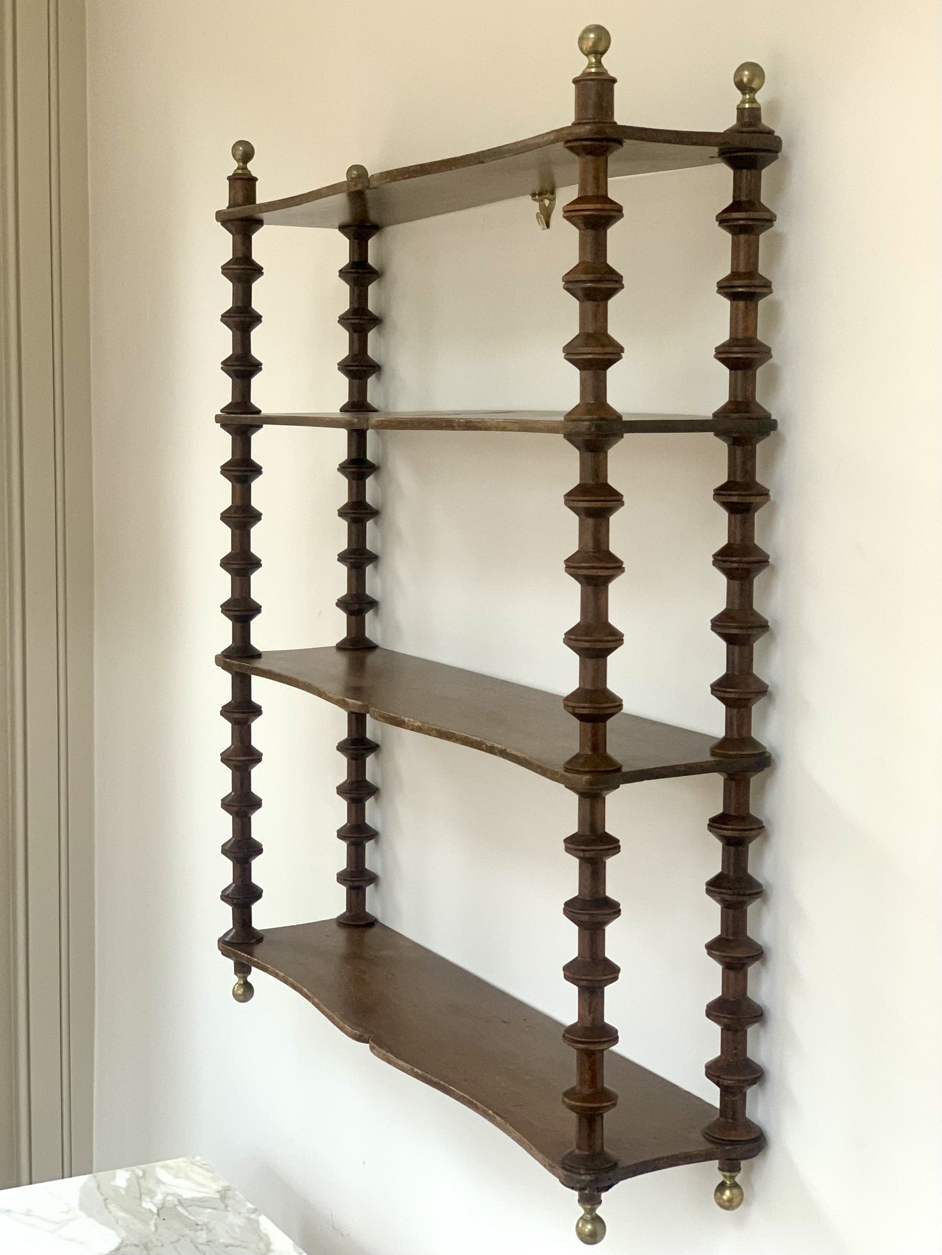 Large French Cotton Reel Wall Shelf with Lovely Brass Finials