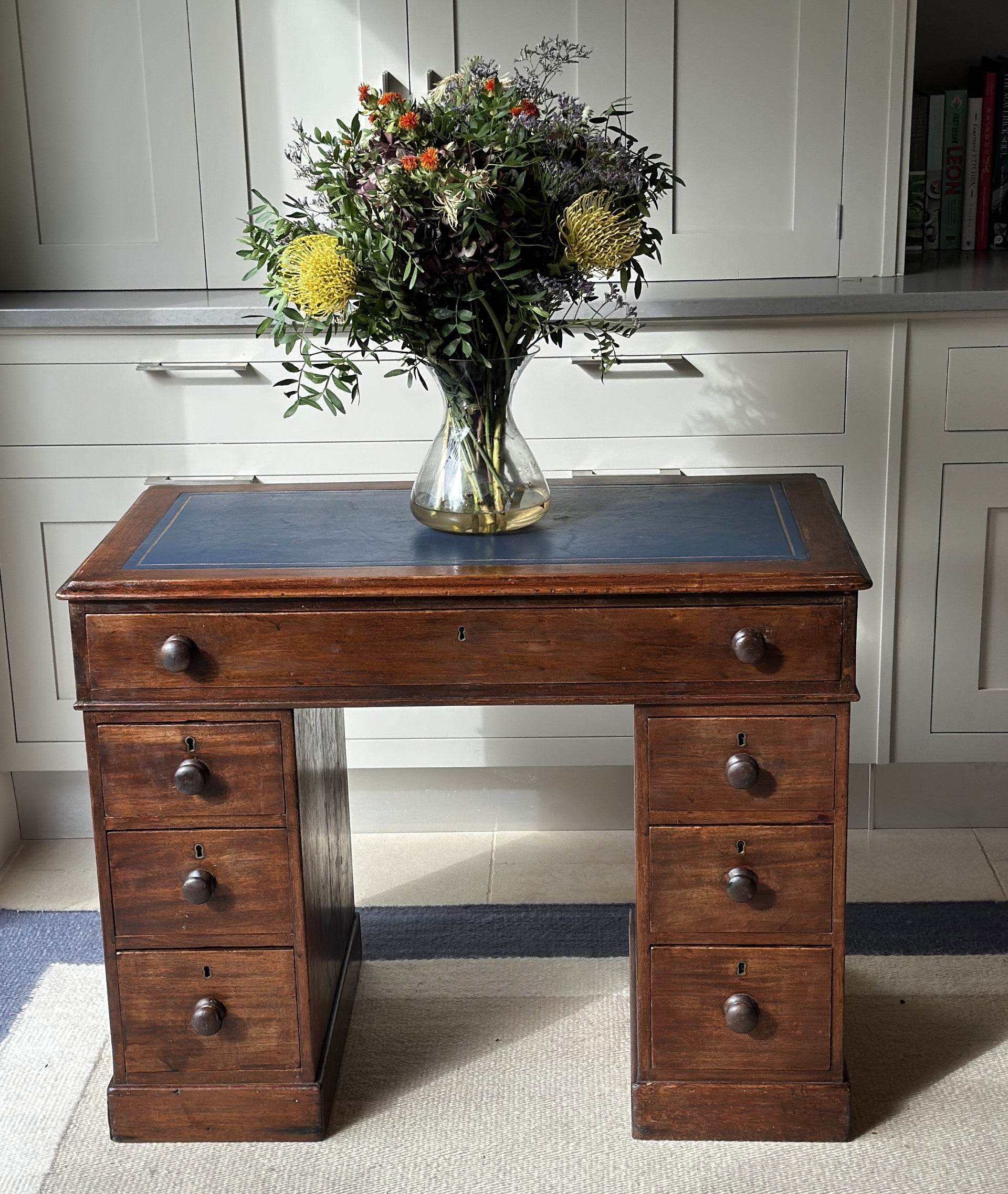 Small Kneehole Desk with more recent navy blue leather top