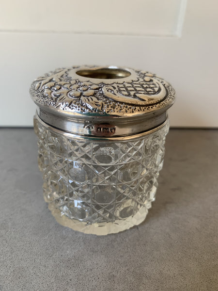 Silver & Cut Glass Pin Holder / Diffuser with Decorative Silver Top