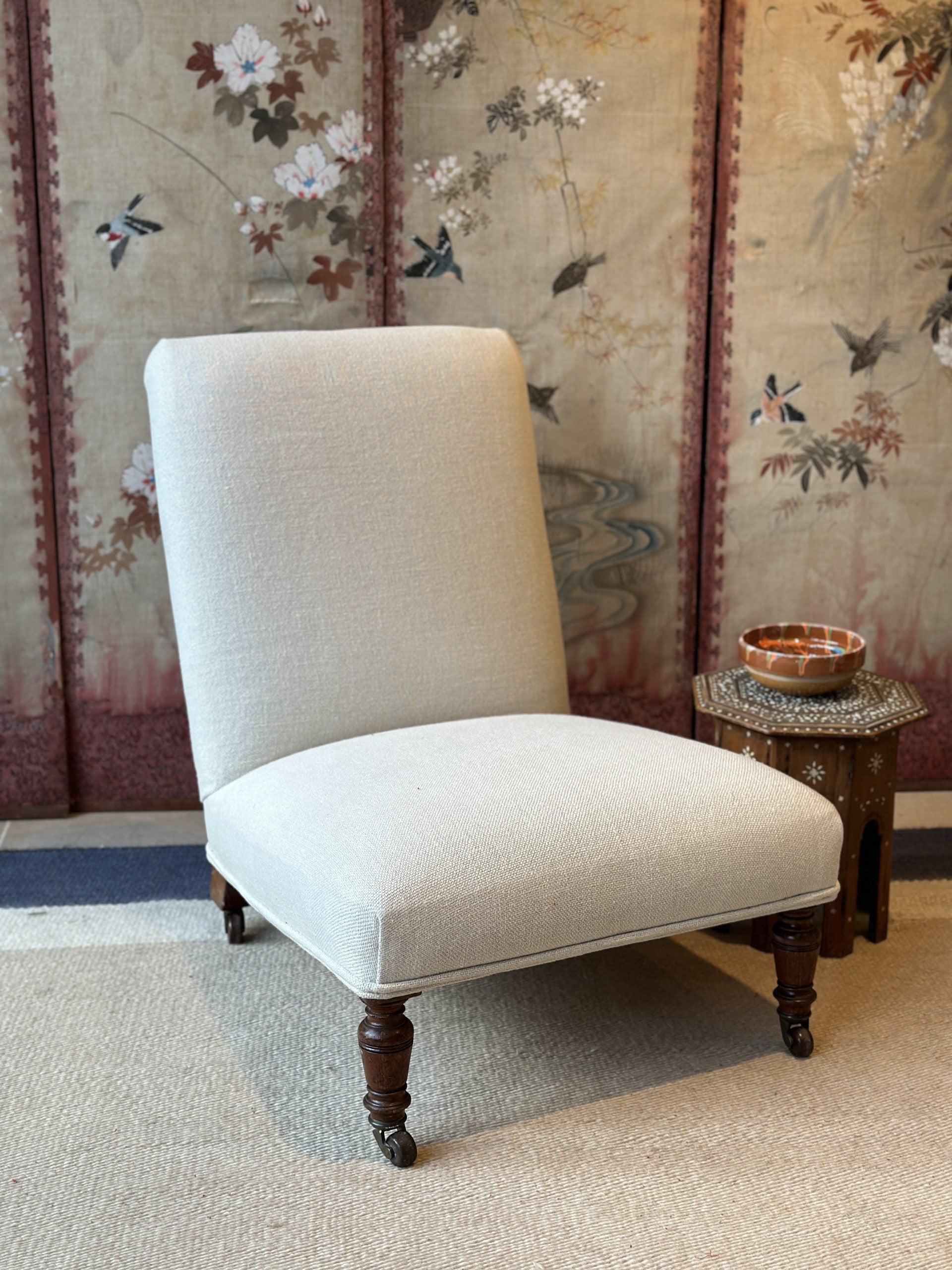 English bedroom slipper chair in RU linens