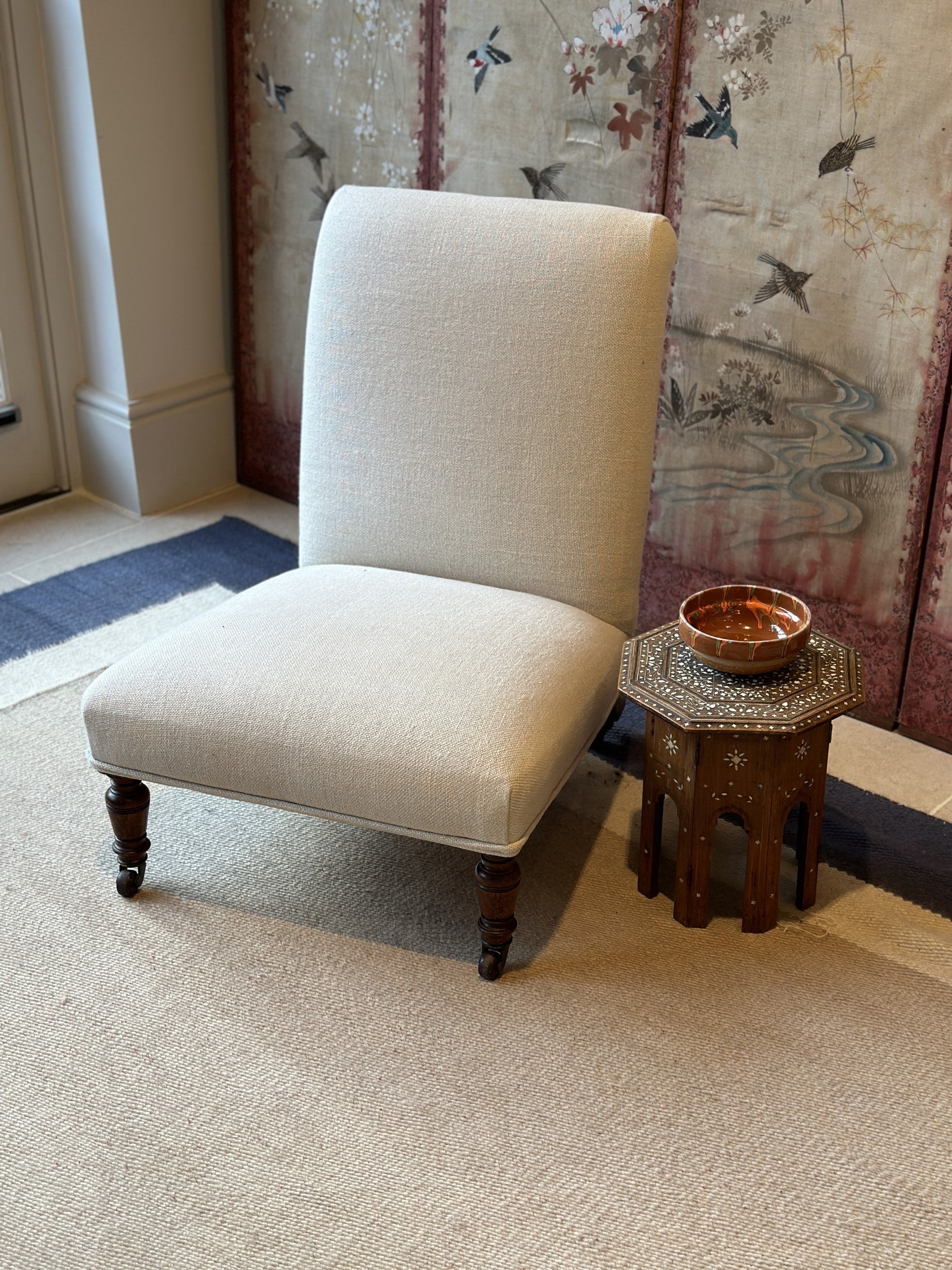 English bedroom slipper chair in RU linens