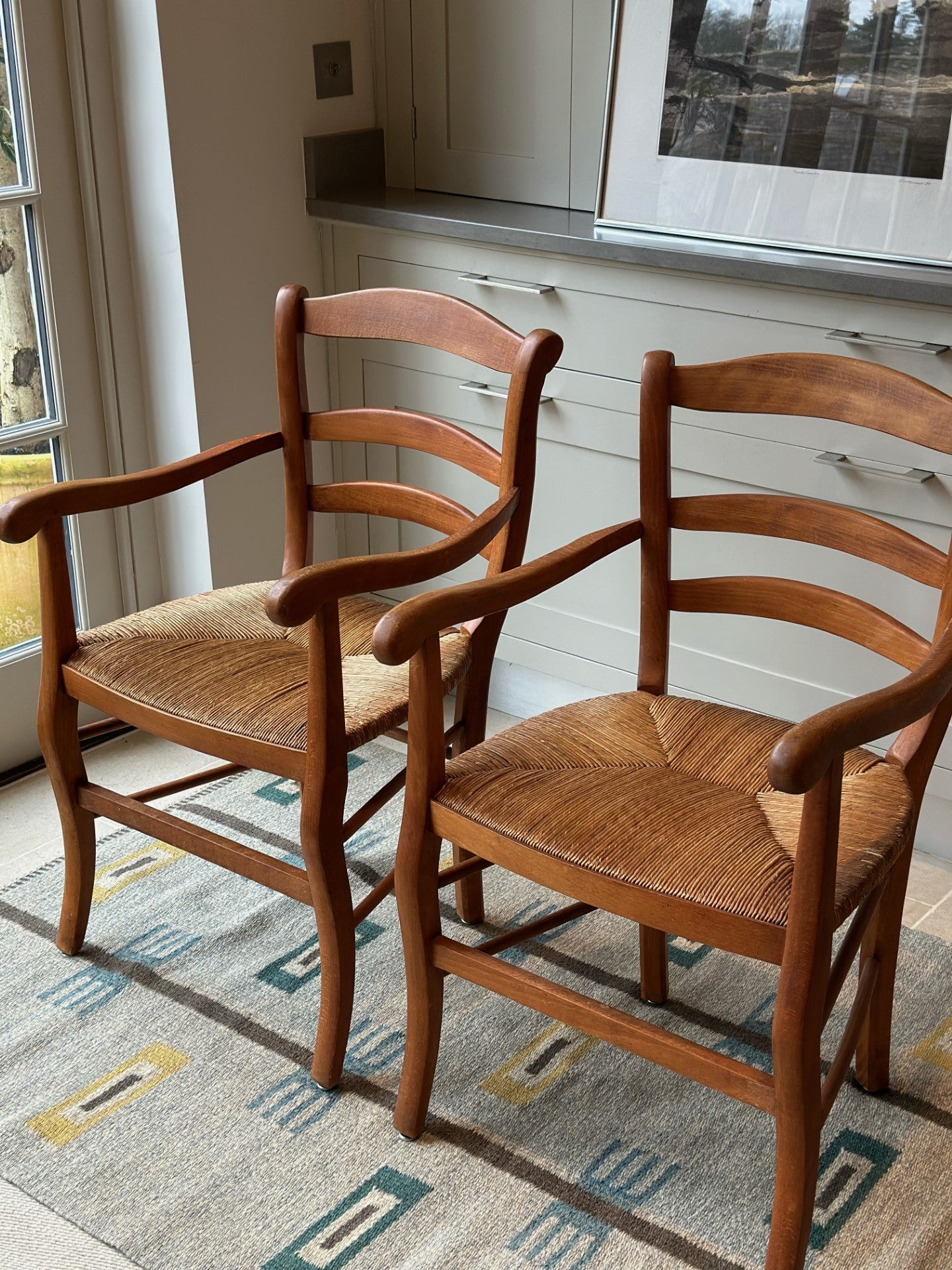 Pair of Fruitwood and Rush Chairs