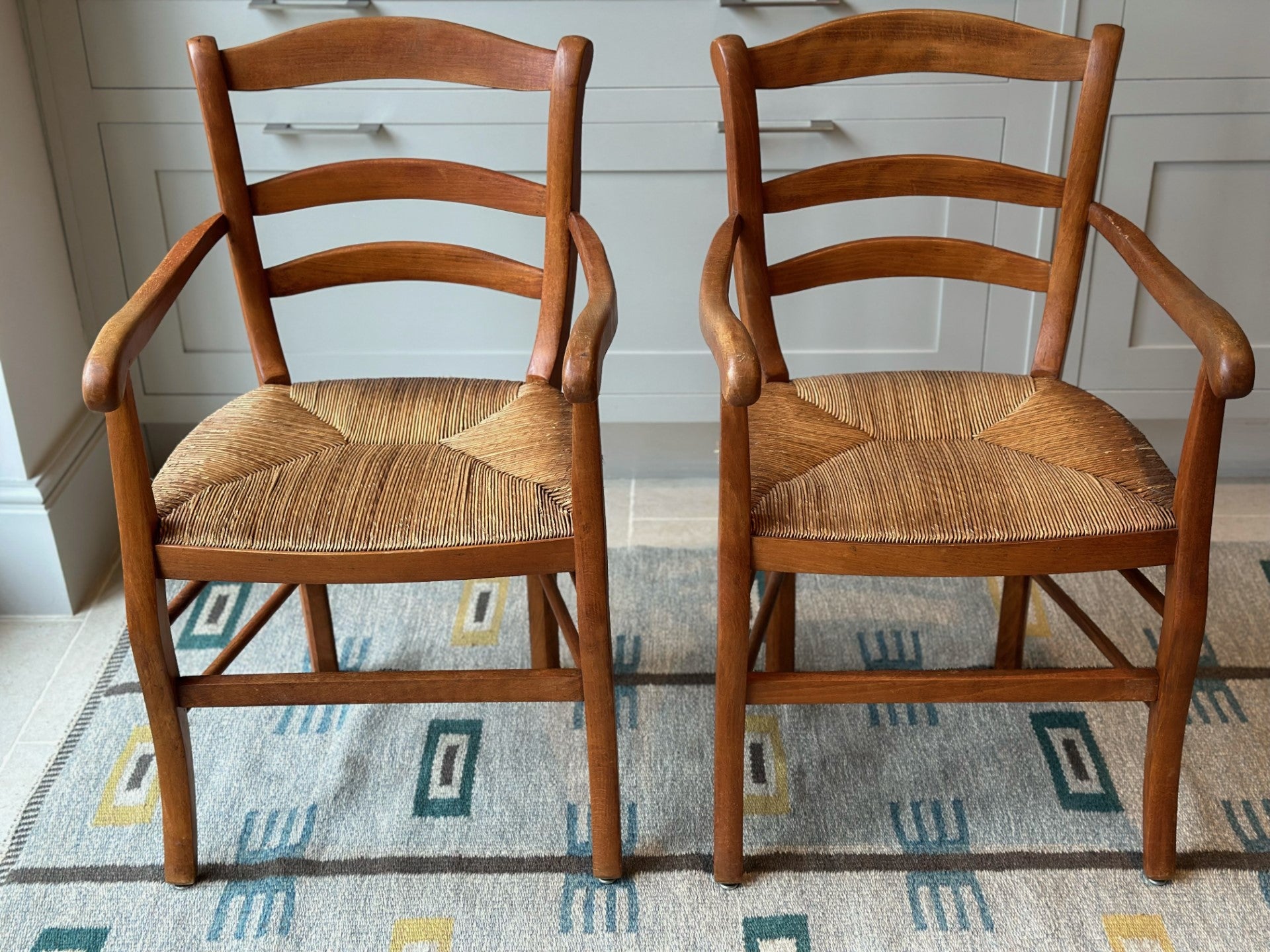 Pair of Fruitwood and Rush Chairs