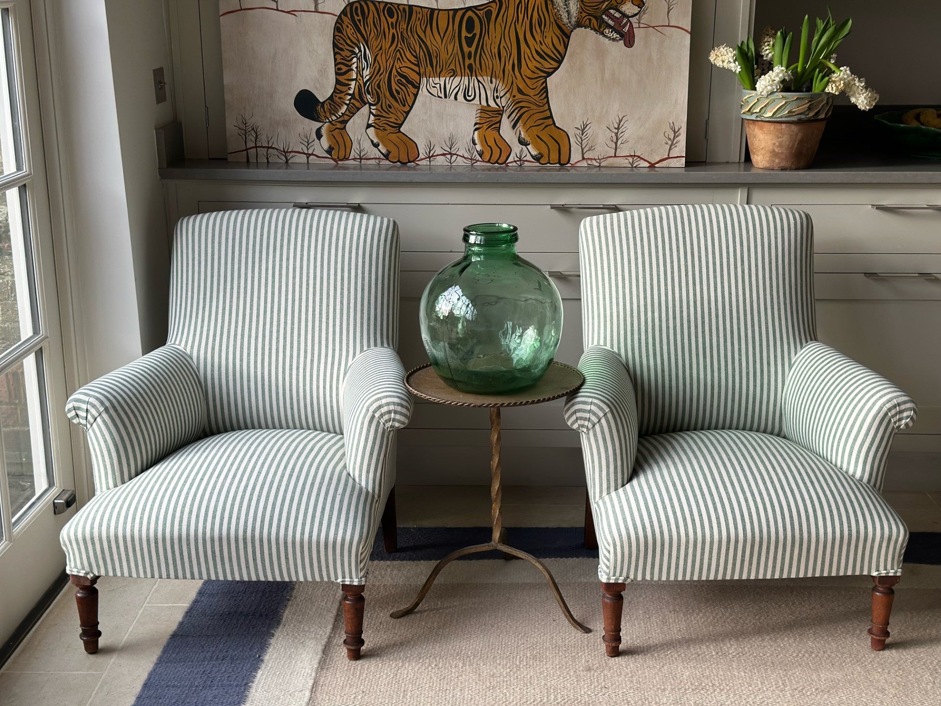 Pair of Nap III Square Back Chairs Reupholstered in our Green and White Ticking with Gorgeous Oak Legs.