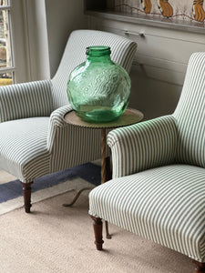 Pair of Nap III Square Back Chairs Reupholstered in our Green and White Ticking with Gorgeous Oak Legs.