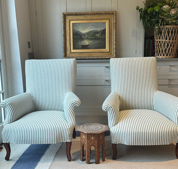 Pair of Near Identical 19th Century French Chairs Reupholstered in our Green and White Ticking