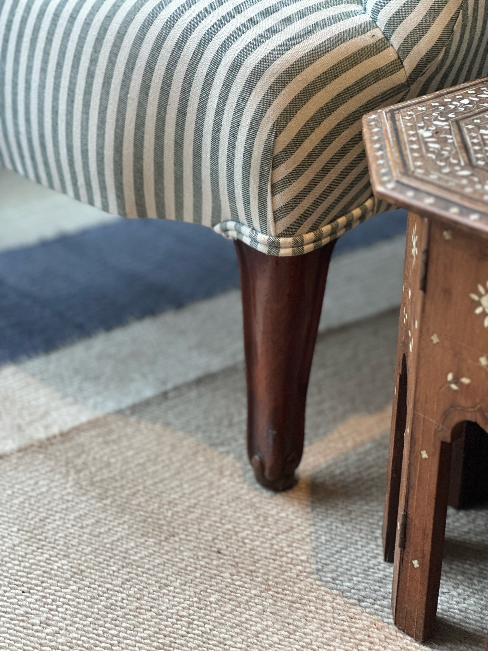 Pair of Near Identical 19th Century French Chairs Reupholstered in our Green and White Ticking