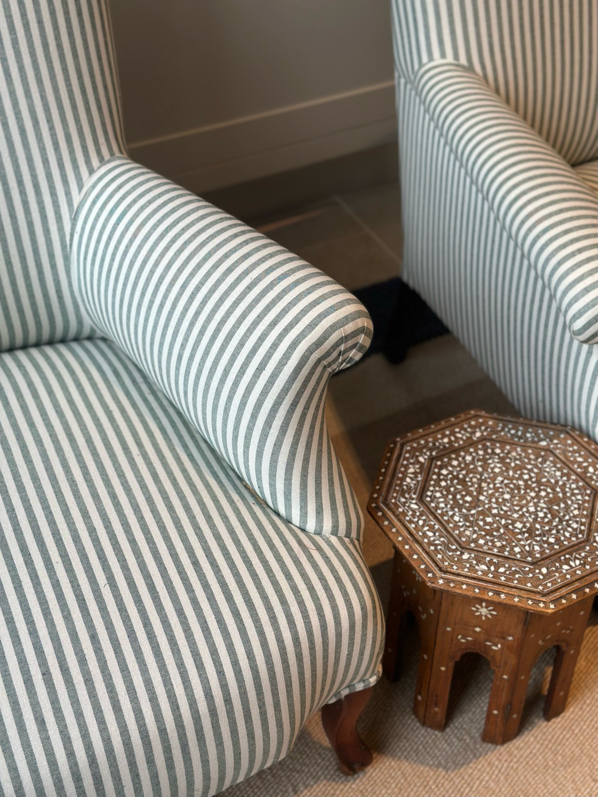 Pair of Near Identical 19th Century French Chairs Reupholstered in our Green and White Ticking