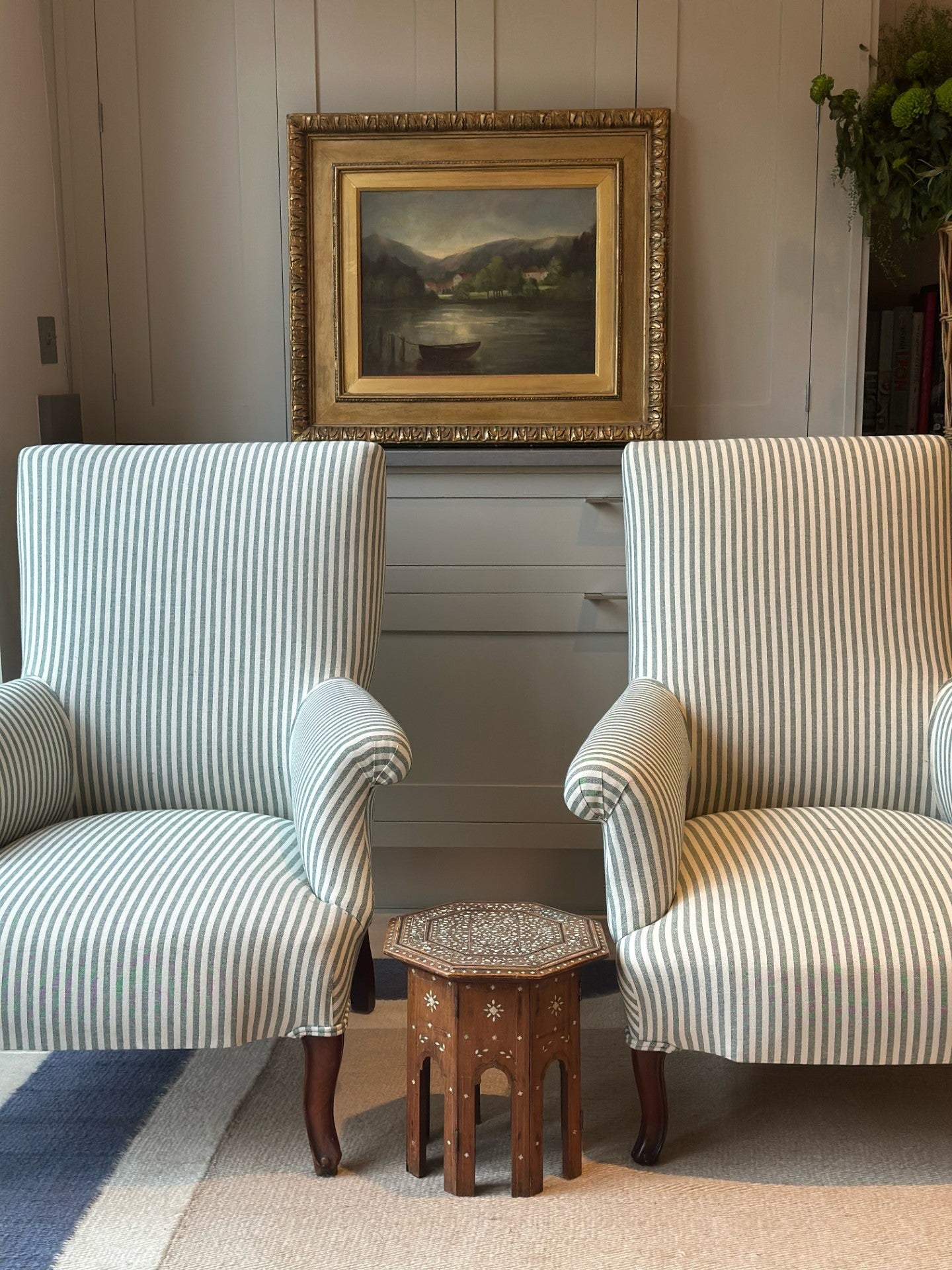 Pair of Near Identical 19th Century French Chairs Reupholstered in our Green and White Ticking