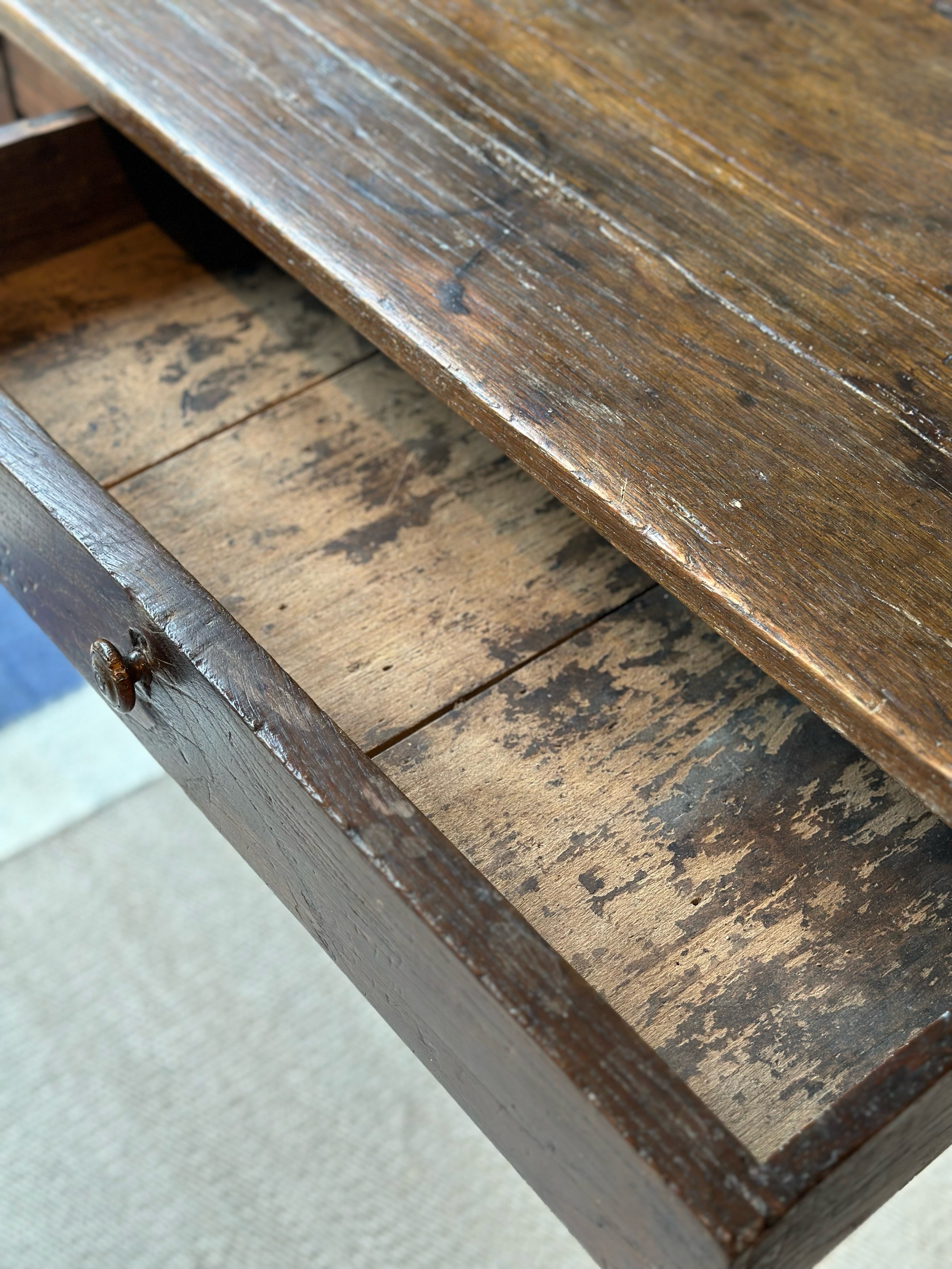 Early 19th C French Oak Table with back to front drawer