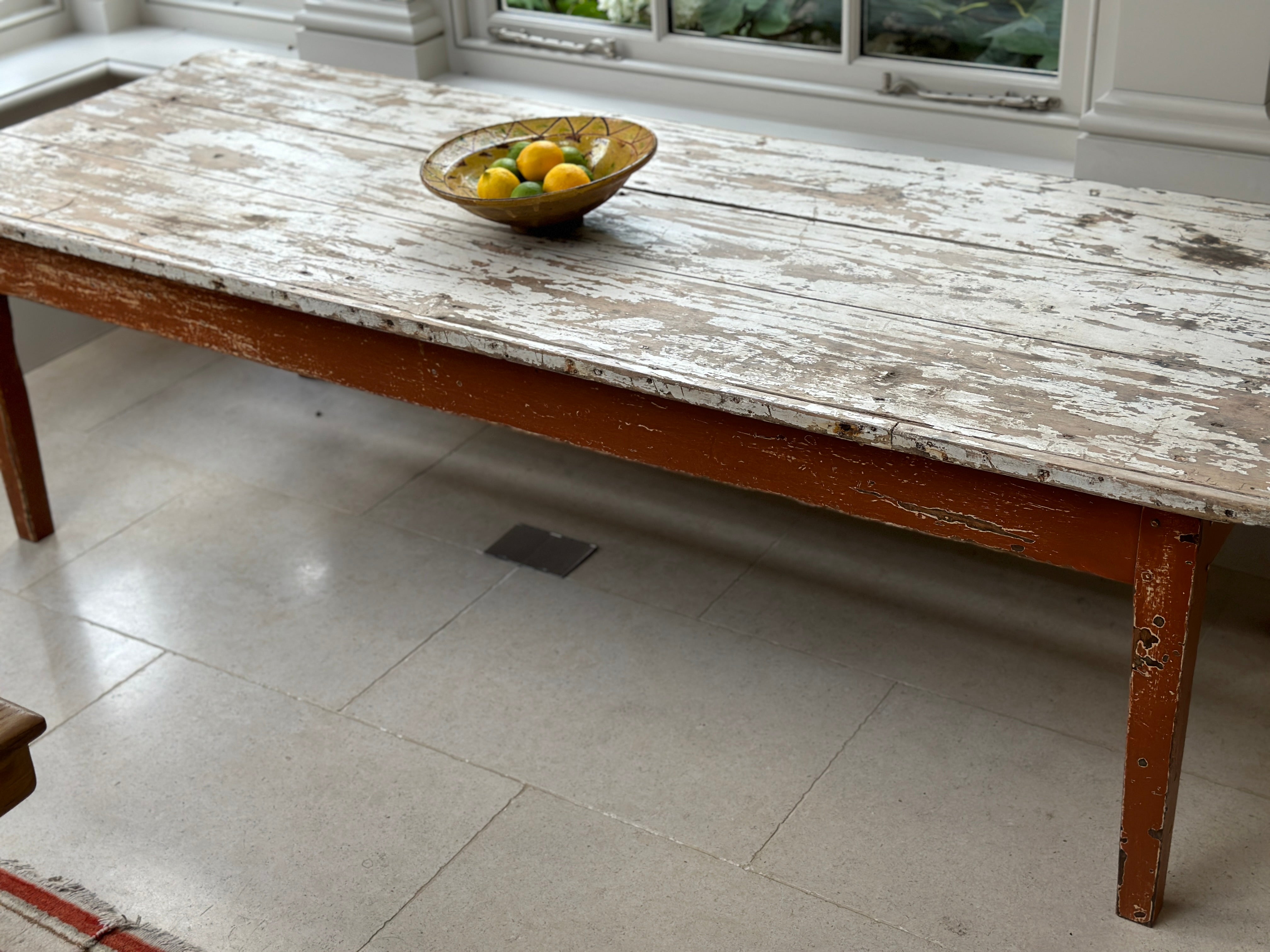 Large Rustic French Pine Coffee Table with Original Painted Base